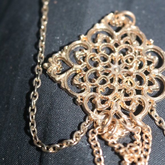 Women's Long Gold Tone Chain and Gold Diamond Shaped Open Triangle Pendant - Picture 1 of 8